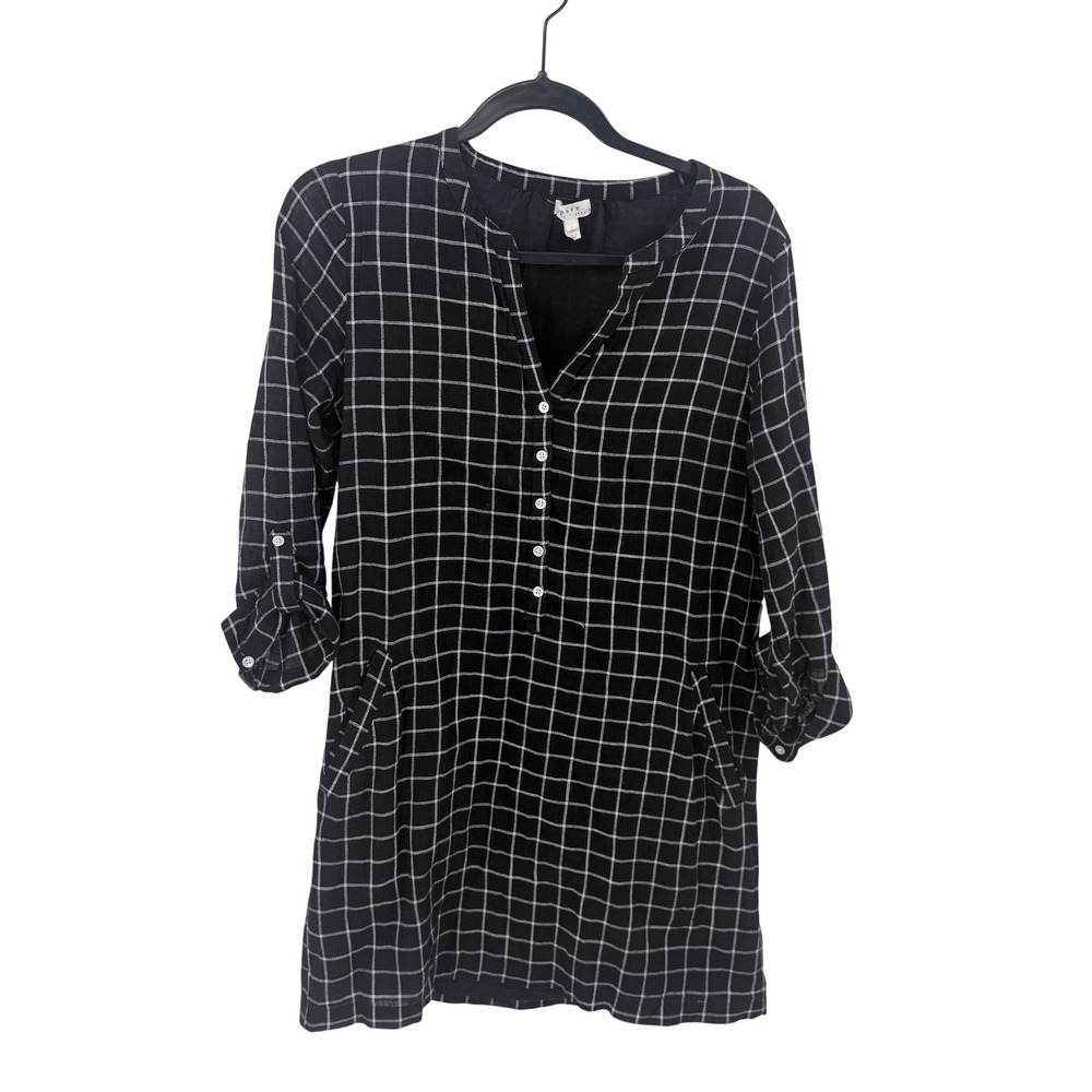 Soft Joie Black White Windowpane Plaid Cotton Tunic Shirt Dress Side Pockets S